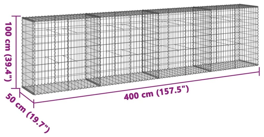 Συρματοκιβώτιο με Κάλυμμα 400x50x100εκ. από Γαλβανισμένο Χάλυβα - Ασήμι