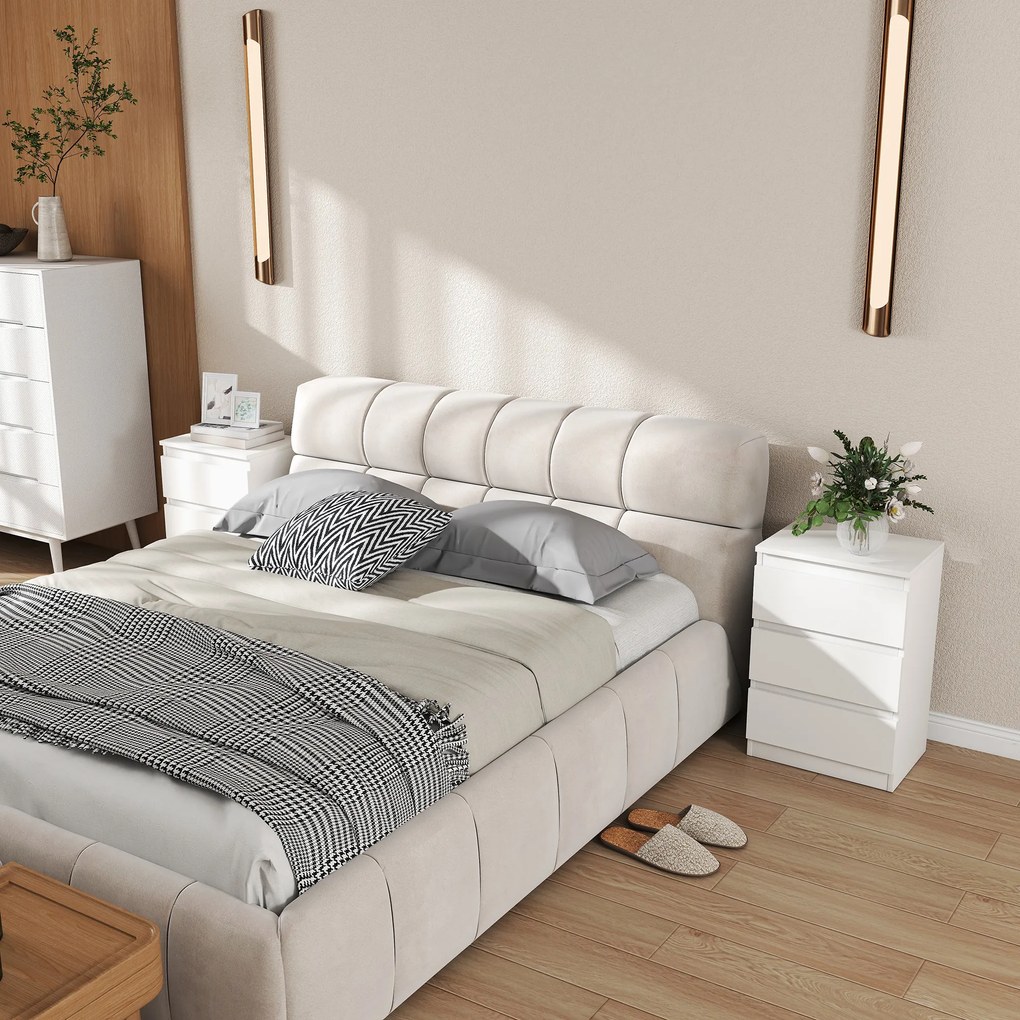 HOMCOM Νυχτερινό Τραπεζάκι, Σετ 2 Τραπεζιών Κομοδίνου με 3 Συρτάρια, Νυχτικό, Κομοδίνο για Υπνοδωμάτιο, Σαλόνι, 40 x 30 x 59,5 cm, Λευκό