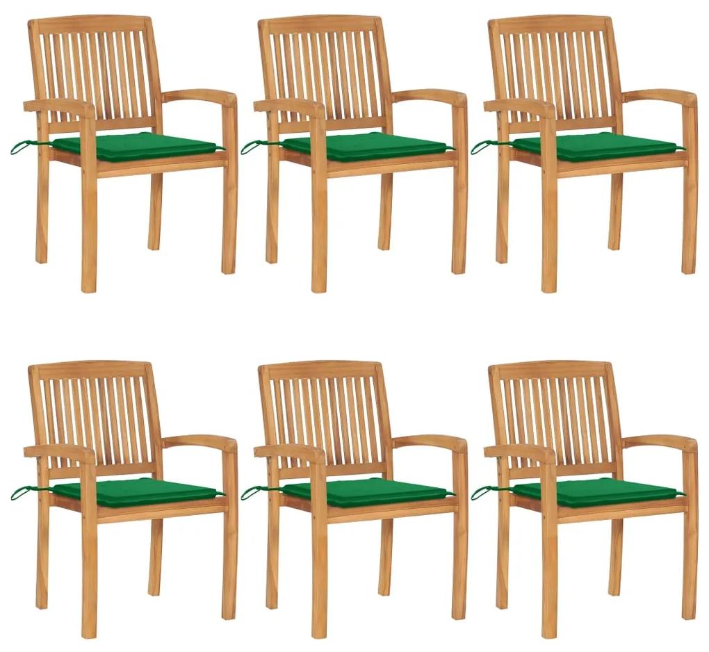 3073230 vidaXL Καρέκλες Κήπου Στοιβαζόμενες 6 τεμ.Μασίφ Ξύλο Teak &amp; Μαξιλάρια Πράσινο, 1 Τεμάχιο