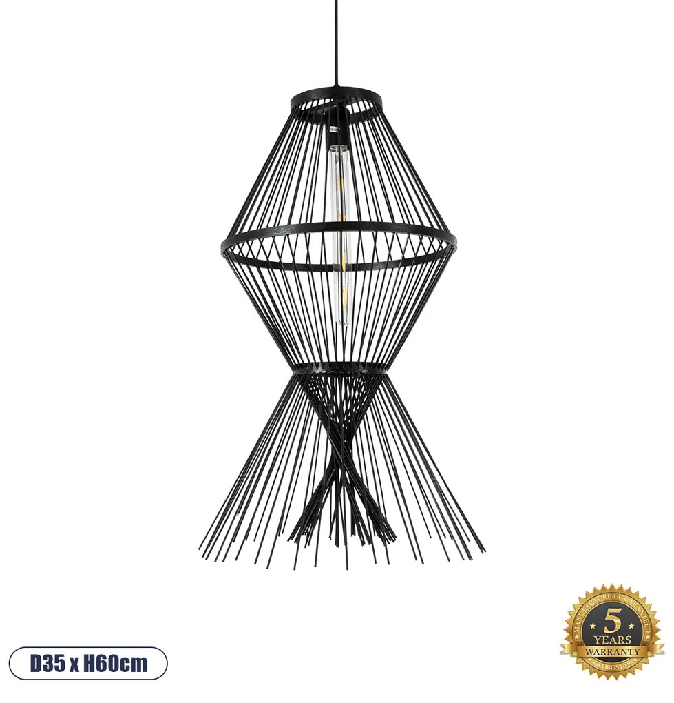 GloboStar YOSHI 01929 Boho Κρεμαστό Φωτιστικό Οροφής Μονόφωτο 1 x E27 AC220-240V IP20 - Φ35 x Υ60cm - Μαύρο Ξύλινο Πλέγμα - 5 Χρόνια Εγγύηση - 01929