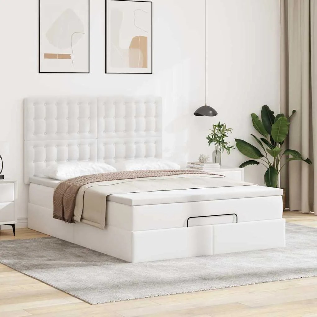 vidaXL Οθωμανικό κρεβάτι με στρώμα & LEDs Λευκό 140x200cm Faux Leather