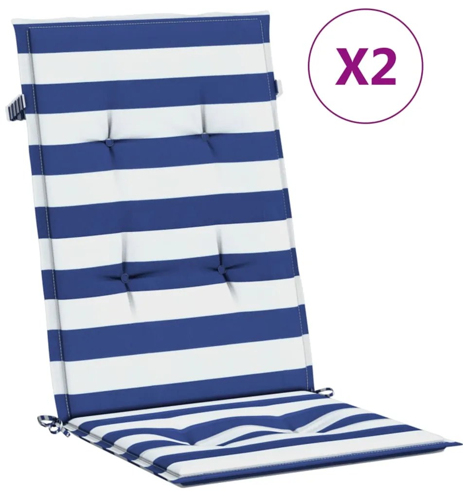 vidaXL Μαξιλάρια Καρέκλας με Ψηλή Πλάτη 2 τεμ. Μπλε/Λευκά Ριγέ Ύφασμα