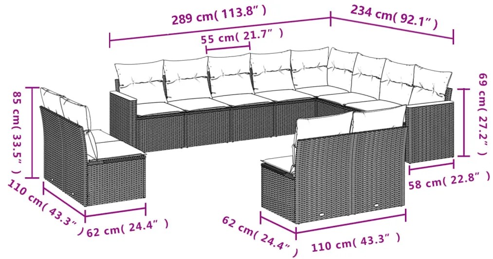 vidaXL Σαλόνι Κήπου 12 Τεμαχίων Μαύρο Συνθετικό Ρατάν με Μαξιλάρια