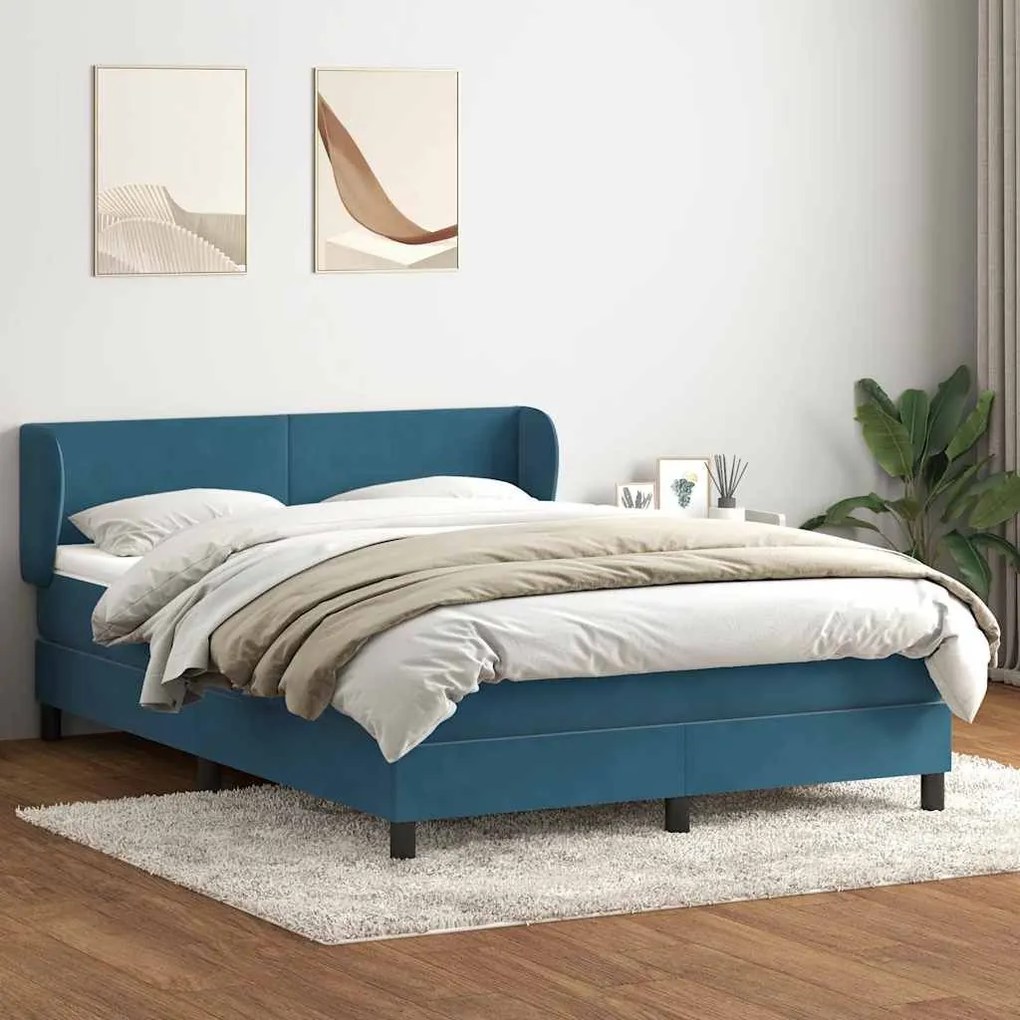 Κρεβάτι Boxspring με Στρώμα Σκούρο Μπλε 140x210 εκ. Βελούδινο - Μπλε