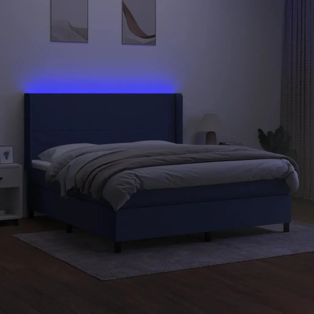 Κρεβάτι Boxspring με Στρώμα &amp; LED Μπλε 180x200 εκ. Υφασμάτινο - Μπλε