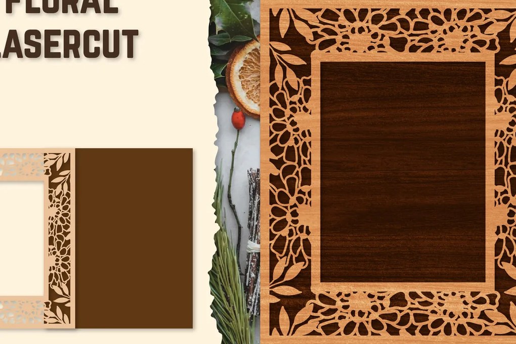 Intra απο ξύλο plywood  Χρώμα wenge 3mm-4mm πάχος - Κορνίζα Photo Floral Lasercut Δίασταση 20x25 cm INTRAFABR-104940859