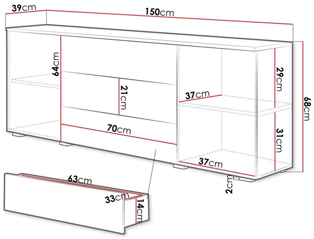 Σιφονιέρα Sarasota 129, Γυαλιστερό λευκό, Wotan δρυς, Με συρτάρια και ντουλάπια, Αριθμός συρταριών: 3, 68x150x39cm, 52 kg | Epipla1.gr