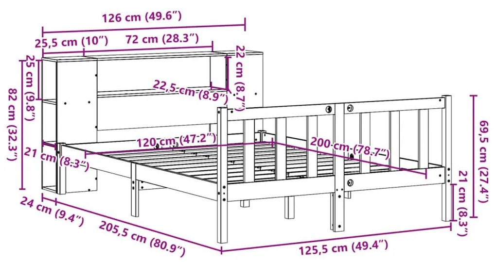 Κρεβάτι Βιβλιοθήκη Χωρίς Στρώμα 120x200 εκ Μασίφ Ξύλο Πεύκου - Καφέ