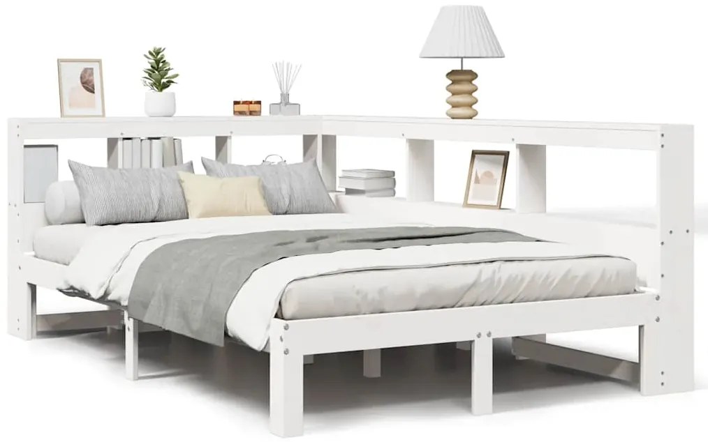 vidaXL Κρεβάτι Βιβλιοθήκη Χωρίς Στρώμα Λευκό 135x190 εκ Μασίφ Πεύκο