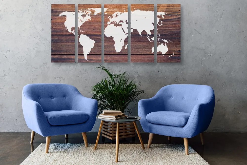 Χάρτης εικόνας 5 μερών του κόσμου με ξύλινο φόντο - 200x100