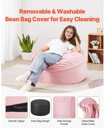 VEVOR 3 feet Round Bean Bag Chair with Removable Cover &amp; Dutch Velvet Pink
