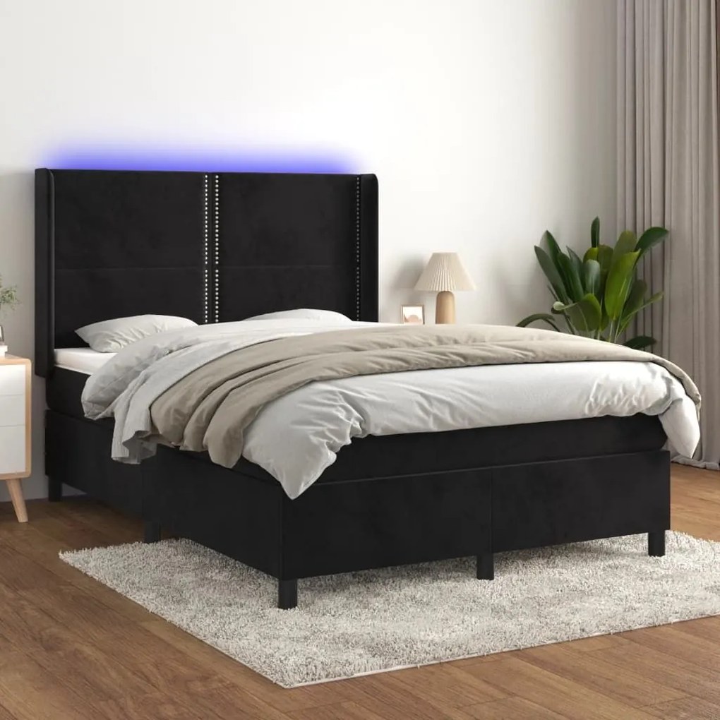 Κρεβάτι Boxspring με Στρώμα &amp; LED Μαύρο 140x190 εκ. Βελούδινο - Μαύρο