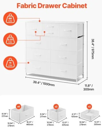 VEVOR 10 Drawer Dresser Fabric Storage Drawers Fabric Bins &amp; Steel Frame White