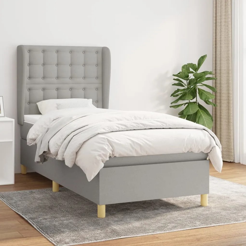 vidaXL Κρεβάτι Boxspring με Στρώμα Ανοιχτό Γκρι 90x190 εκ. Υφασμάτινο