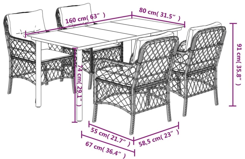 vidaXL Σετ Τραπεζαρίας Κήπου 5 Τεμαχίων Καφέ Συνθ. Ρατάν με Μαξιλάρια