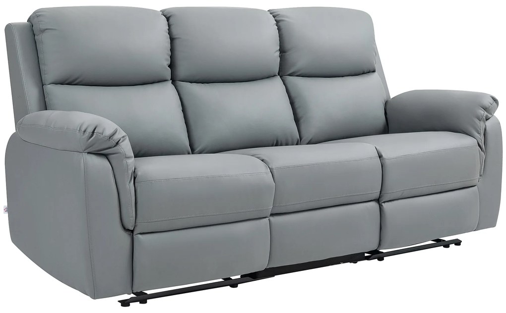 HOMCOM Καναπές 3 θέσεων, αριστερή και δεξιά θέση ανακλινόμενη, ρυθμιζόμενο υποπόδιο, κάλυμμα από τεχνητό δέρμα, για σαλόνι, Σκούρο γκρι