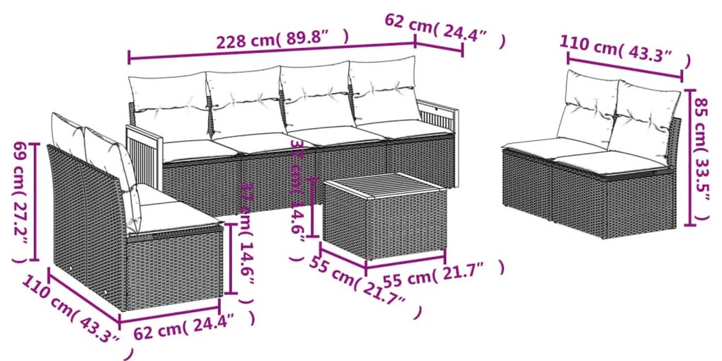 vidaXL Σαλόνι Κήπου Σετ 9 τεμ. Μπεζ Συνθετικό Ρατάν με Μαξιλάρια