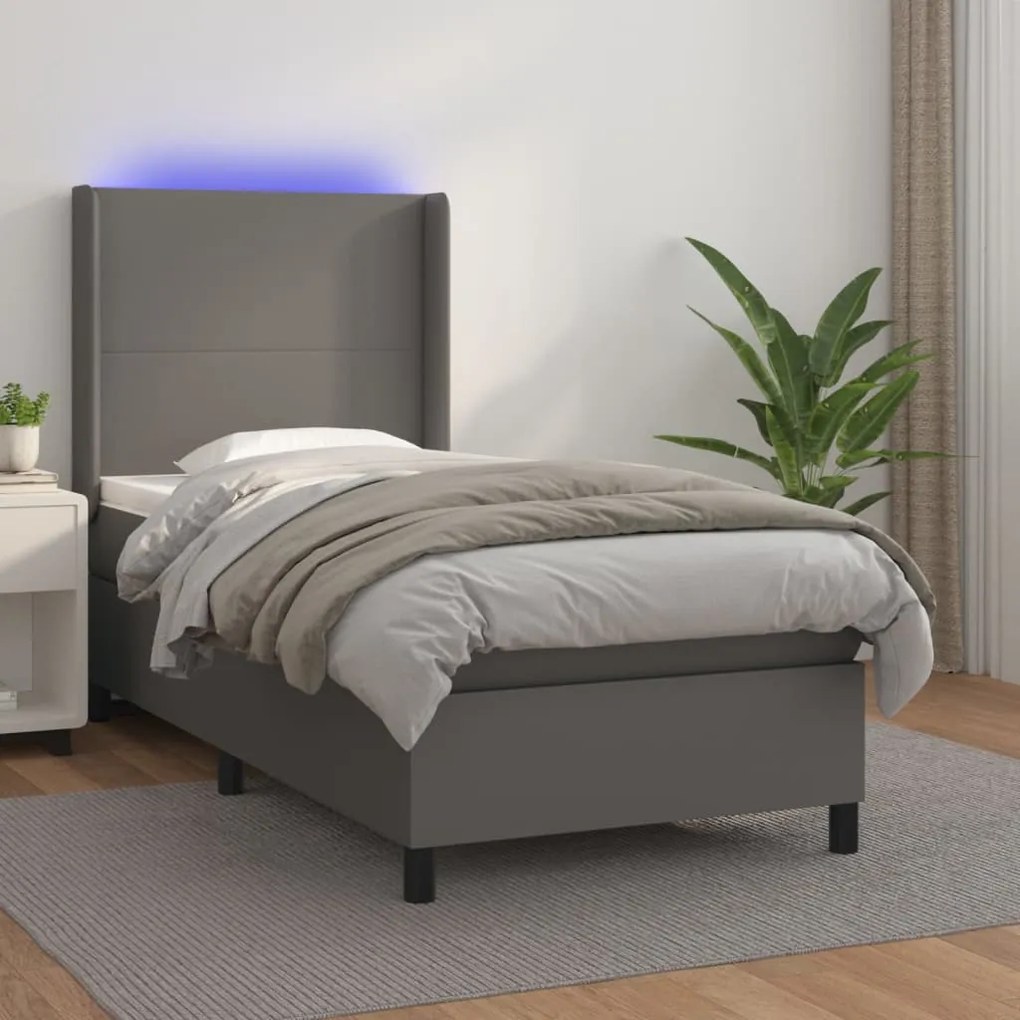 vidaXL Κρεβάτι Boxspring με Στρώμα &amp; LED Γκρι 90x190 εκ. Συνθ. Δέρμα