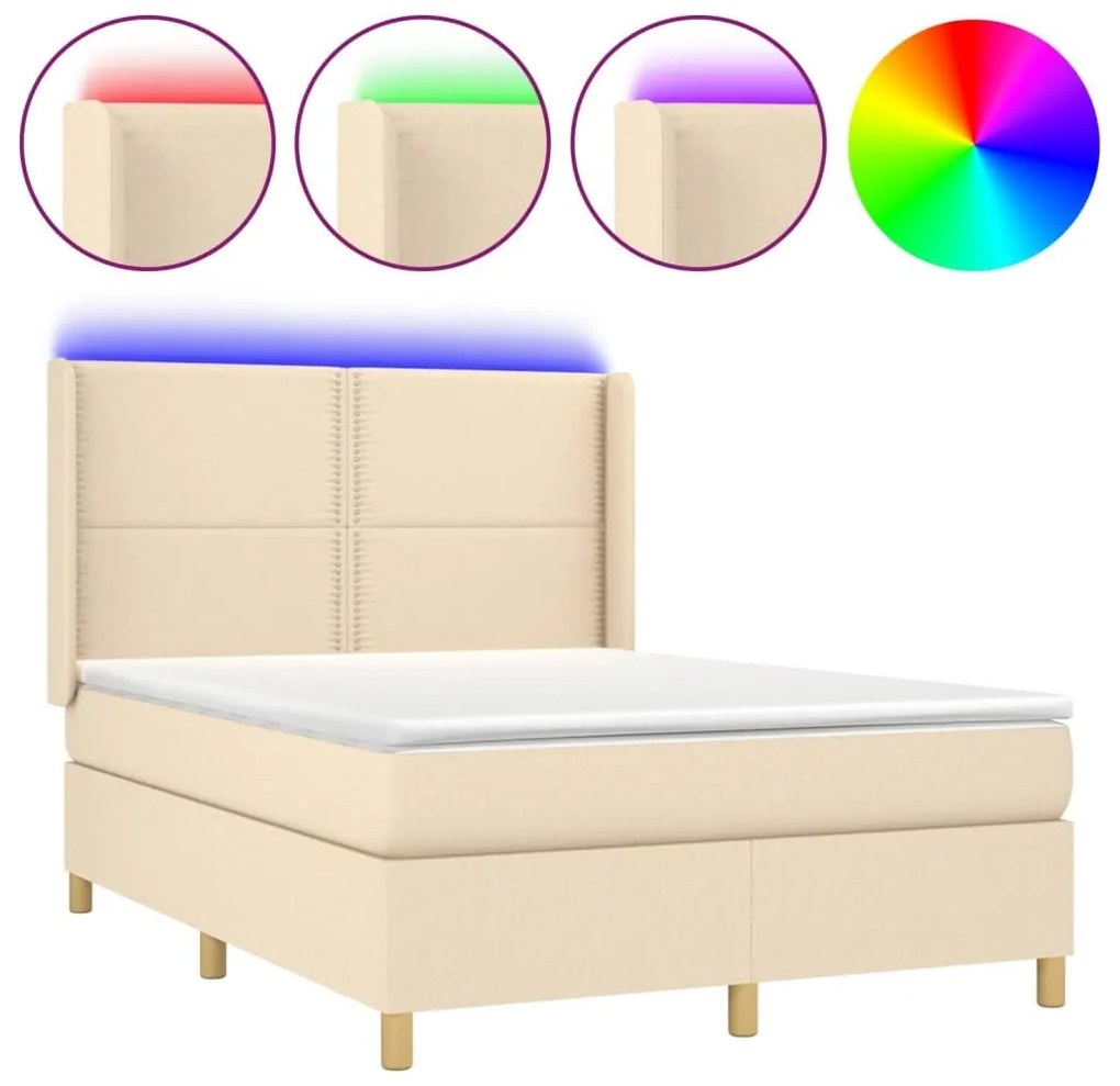 Κρεβάτι Boxspring με Στρώμα &amp; LED Κρεμ 140x190 εκ. Υφασμάτινο - Κρεμ