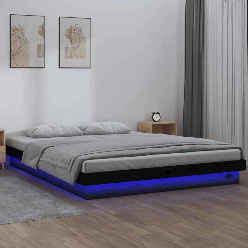 vidaXL Πλαίσιο Κρεβατιού με LED Μαύρο 135x190εκ Μασίφ Ξύλο 4FT6 Double