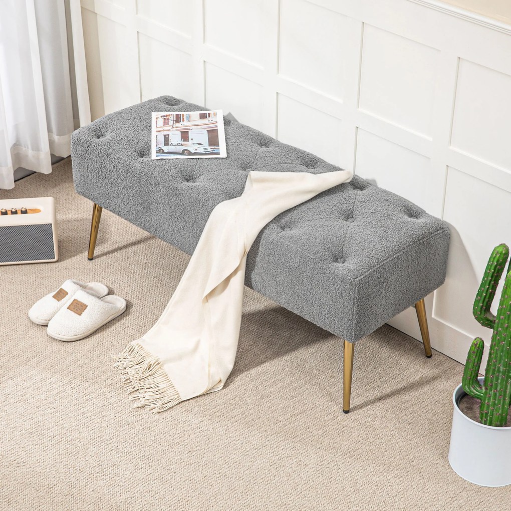 HOMCOM Πάγκος Κρεβατιού, Πάγκος Καθίσματος, Μαλακό Κάλυμμα σε Όψη Μαλλιού Αρνιού, έως 120 kg, Επιχρυσωμένα Ατσάλινα Πόδια, 112x41x46cm, Γκρι