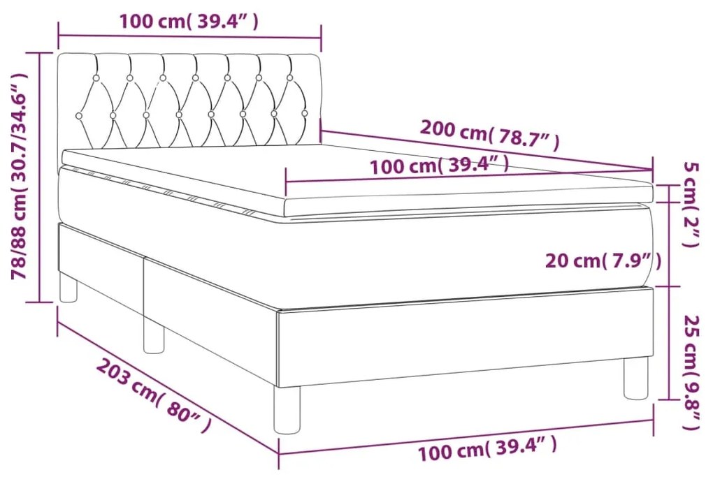 Κρεβάτι Boxspring με Στρώμα Σκούρο Γκρι 100x200 εκ. Υφασμάτινο - Γκρι