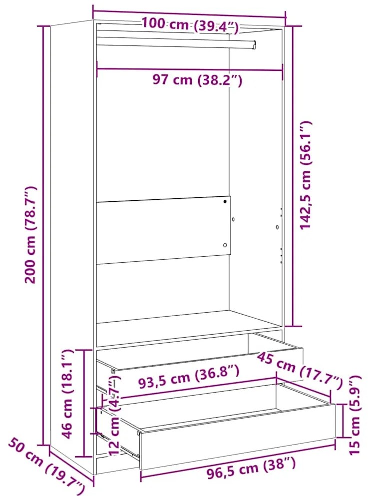 vidaXL Ντουλάπα Μαύρη 100 x 50 x 200 εκ. από Επεξ. Ξύλο