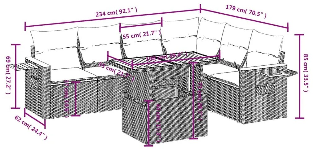 Καναπές Σετ 7 Τεμαχίων Μαύρο Συνθετικό Ρατάν με Μαξιλάρια - Μαύρο