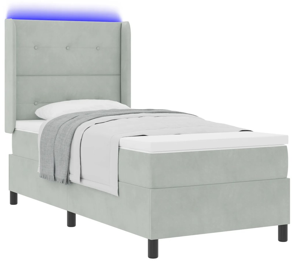 vidaXL Κρεβάτι Box Spring με Στρώμα & LED Φωτισμό Γκρι 90x200 εκ Βελούδο