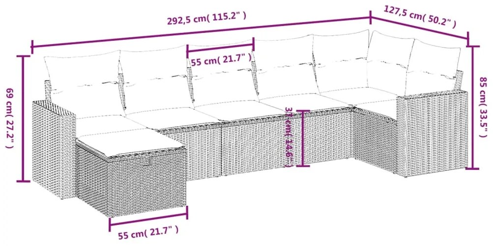 vidaXL Καναπές Σετ 7 Τεμαχίων Μαύρο Συνθετικό Ρατάν με Μαξιλάρια