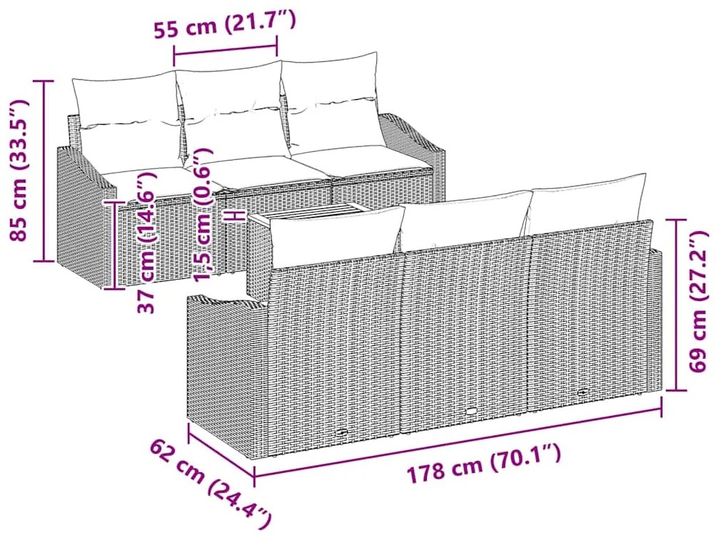 vidaXL Σετ Καναπέ Κήπου με μαξιλάρι 7 pcs Μαύρο Πολυ ράταν