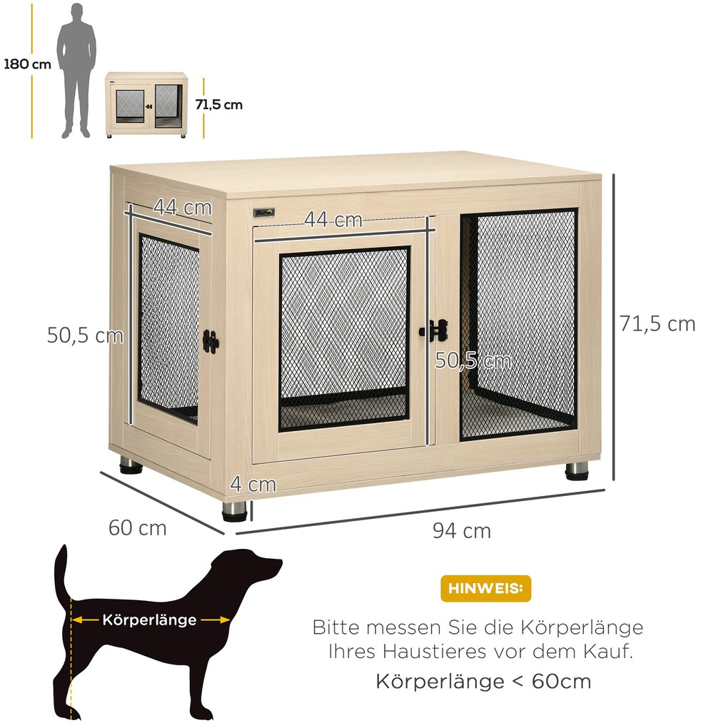 PawHut Κλουβί σκύλου, Μοντέρνος σχεδιασμός, κλειδώνει, 2 πόρτες, 94 cm x 60 cm x 71,5 cm, Φυσικό + Μαύρο
