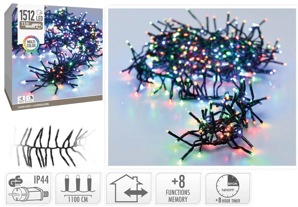 1512 Φωτάκια LED - 11 Μέτρα + 3 Μέτρα σύνδεσης, Κανονική Διάταξη, με χειριστήριο, 8 προγράμματα, Μαύρο καλώδιο PVC - Πολύχρωμο