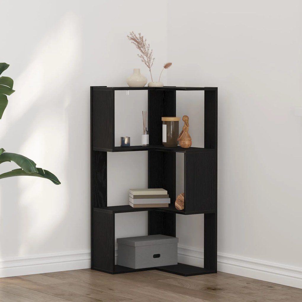 vidaXL Γωνιακή Βιβλιοθήκη 3-Ράφια Μαύρη Δρυς 50x50x102 εκ. Κατασκευασμένο Ξύλο