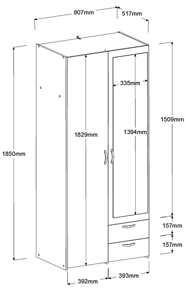 Ντουλάπα Dorm δίφυλλη με καθρέπτη-Fusiko