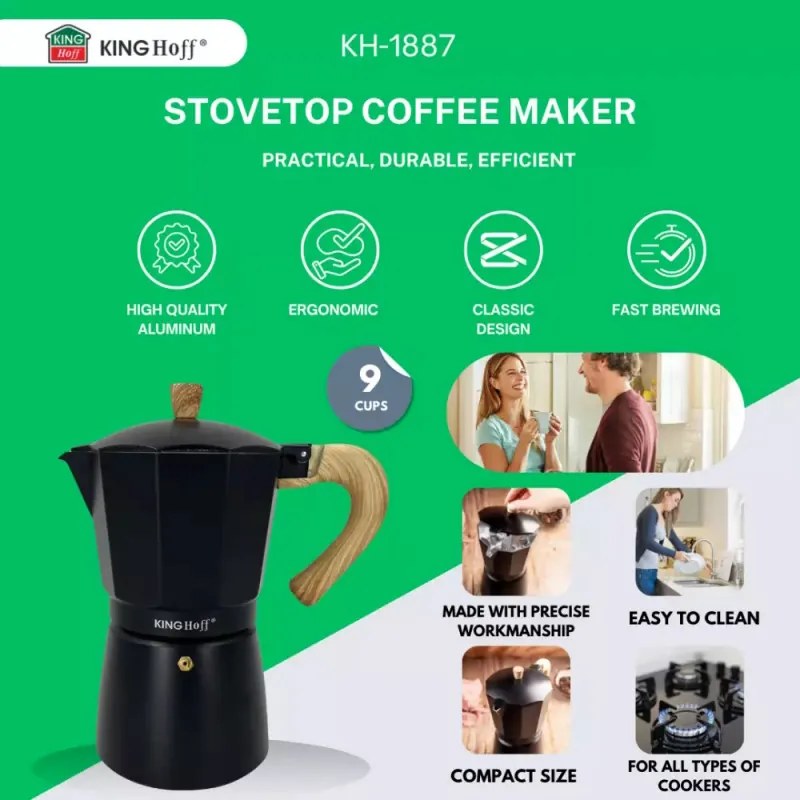 Καφετιέρα Kubinska Kinghoff KH 1887, 9 μπολ, 450 ml, Αλουμίνιο, Επαγωγή, Μαύρο.