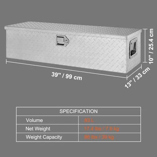 VEVOR Heavy Duty Aluminum Truck Bed Tool Box, Diamond Plate Tool Box with Side Handle and Lock Keys, Storage Tool Box Chest Box Organizer for Pickup, Truck Bed, RV, Trailer, 39&quot;x13&quot;x10&quot;, Silver