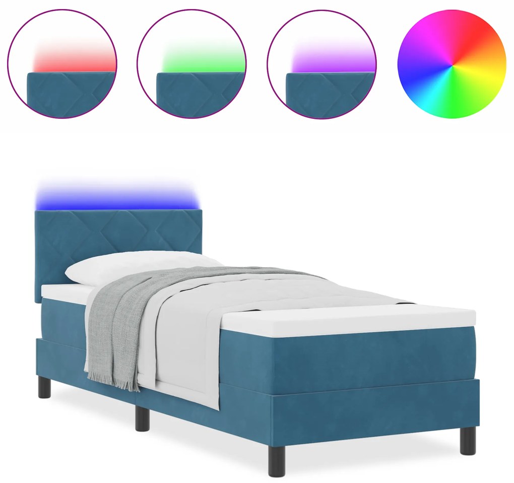 vidaXL Κρεβάτι Box Spring με Στρώμα & LED Σκούρο Μπλε 80x200 εκ Βελούδο