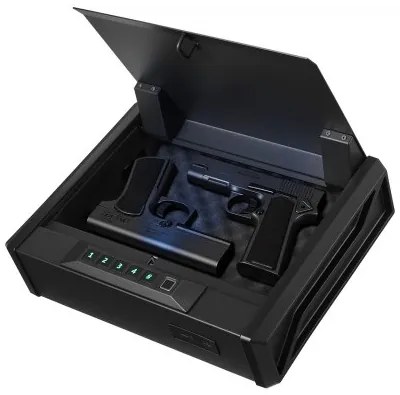 VEVOR Gun Safe, Heavy Duty Handgun Safe with Fingerprint/Password/Key, 3-Way Quick Access Firearm Case Box with Lighting for 2 Pistols & 2 Magazines, Pistol Gun Box for Nightstand Bedside Desk Car