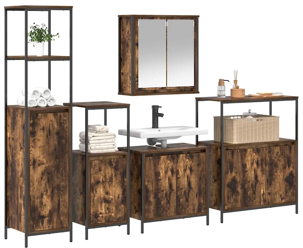 vidaXL Σετ Επίπλων Μπάνιου με ράφι 5 pcs Φουσκωτό δρυς και Μαύρο