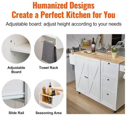 VEVOR Kitchen Island Cart with Solid Wood Top, 45.3&quot; Width Mobile Carts with Storage Cabinet, Rolling Kitchen Table with Spice Rack, Towel Rack, Drop Leaf and Drawer, Portable Islands on Wheels, White