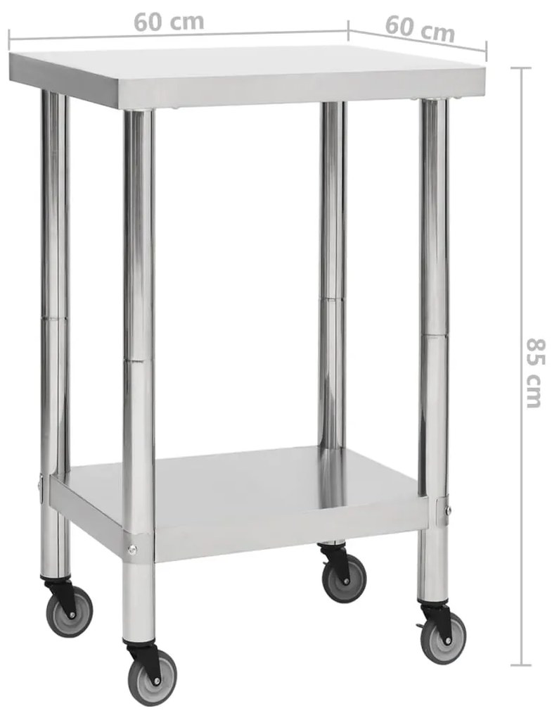 vidaXL Πάγκος Εργασίας Κουζίνας με Ροδάκια 60x60x85 εκ Ανοξείδ. Ατσάλι