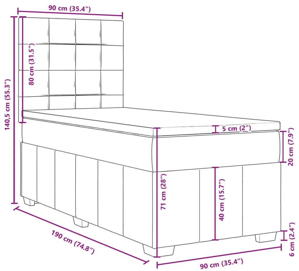 Κρεβάτι Boxspring με Στρώμα Μαύρο 90x190 εκ.Υφασμάτινο - Μαύρο