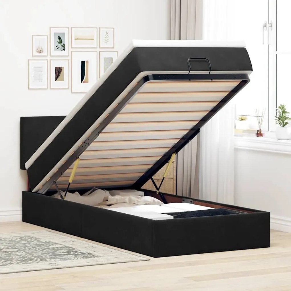 vidaXL Οθωμανικό κρεβάτι με στρώμα &amp; LEDs Μαύρο 90x190cm Velvet