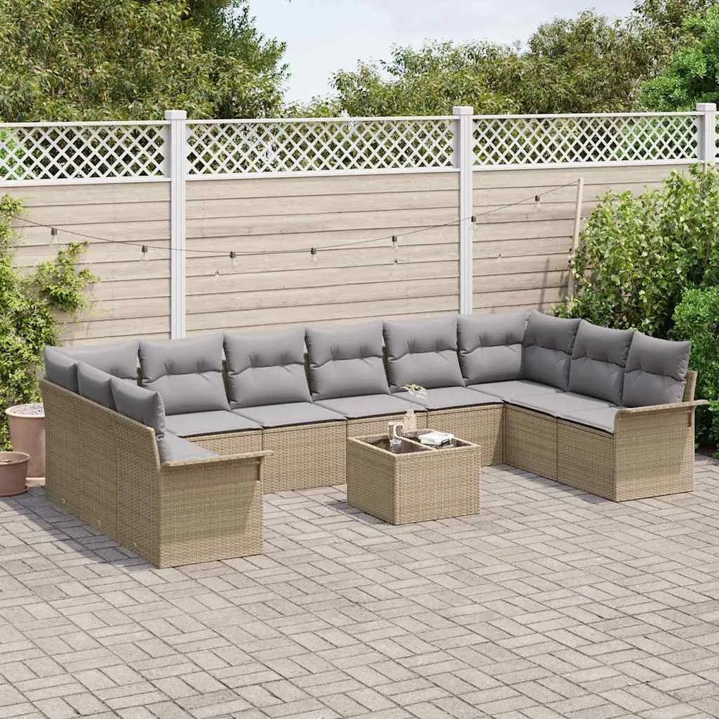 vidaXL Σετ Καναπέ Κήπου με μαξιλάρι 11 pcs Μπεζ Πολυ ράταν