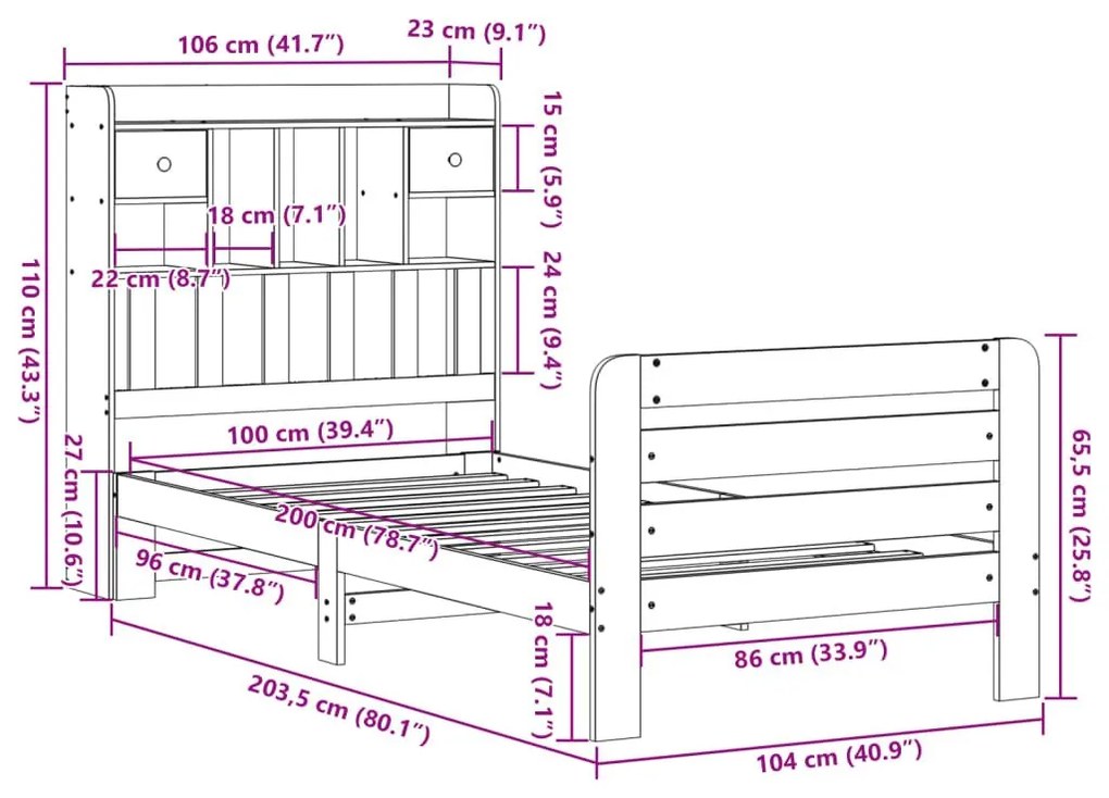 Κρεβάτι Βιβλιοθήκη Χωρίς Στρώμα 100x200 εκ. Μασίφ Ξύλο Πεύκο - Λευκό