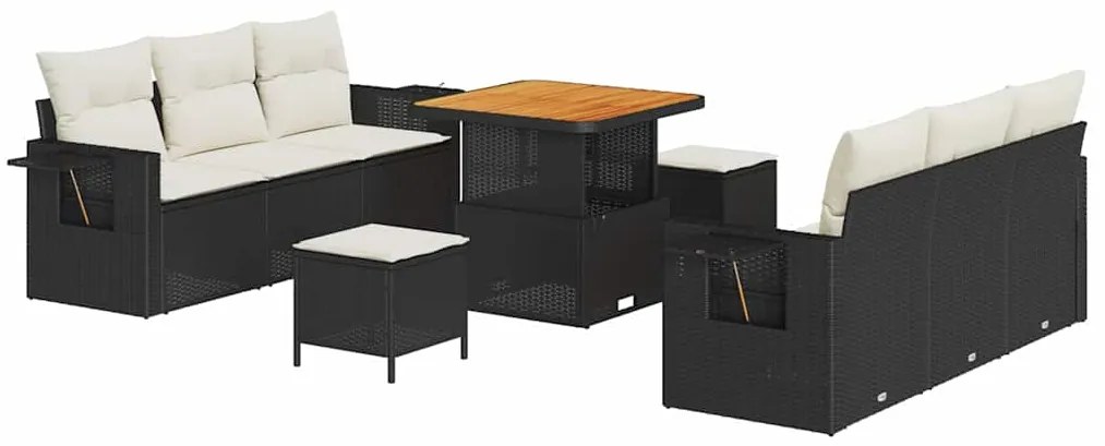 vidaXL Σετ Σαλονιού Κήπου 9 Τεμαχίων με Μαξιλάρια σε Μαύρο, από Πολυ Ράτταν Ακακία.