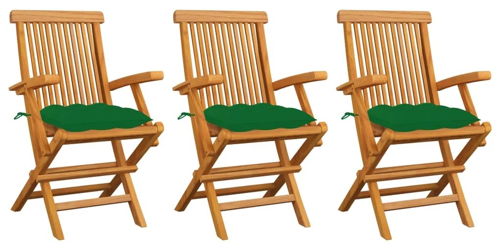 vidaXL Καρέκλες Κήπου 3 τεμ. από Μασίφ Ξύλο Teak με Πράσινα Μαξιλάρια