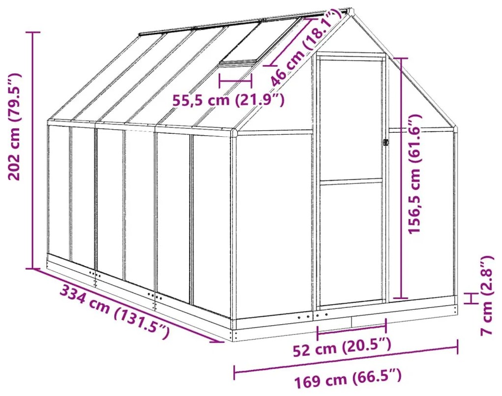 Θερμοκήπιο με Πλαίσιο Βάσης Ασημί 334x169x202 εκ. Αλουμινίου - Ασήμι