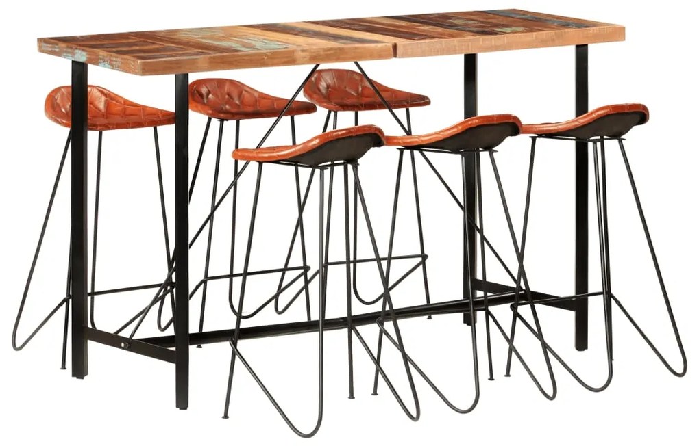 vidaXL Σετ Επίπλων Μπαρ 7 τεμ. Μασίφ Ανακυκλωμένο Ξύλο/ Γνήσιο Δέρμα